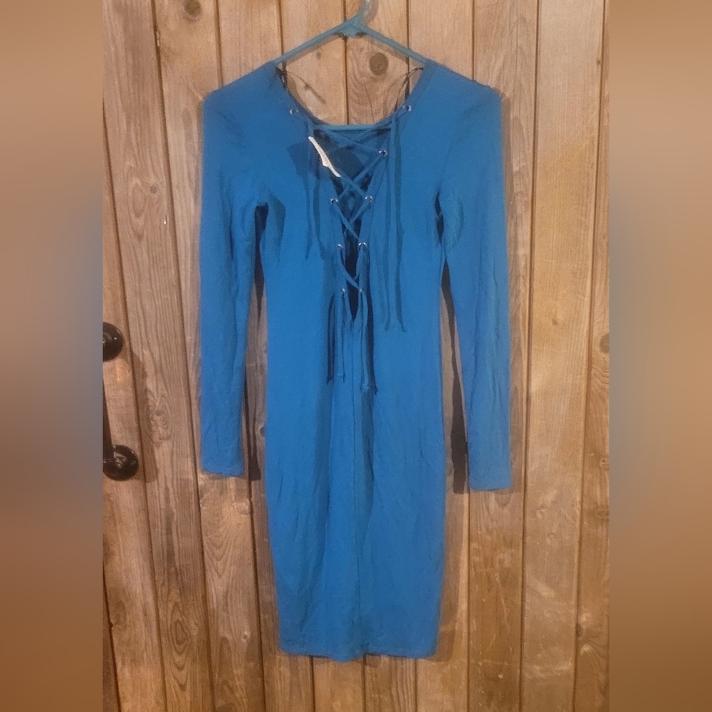 NEW# FOREVER 21 Small TEAL Calf-length long-sleeved bodycon MIDI dress